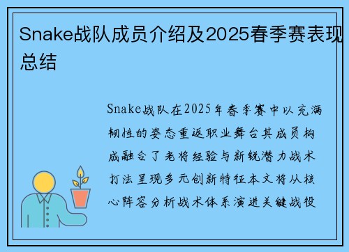 Snake战队成员介绍及2025春季赛表现总结